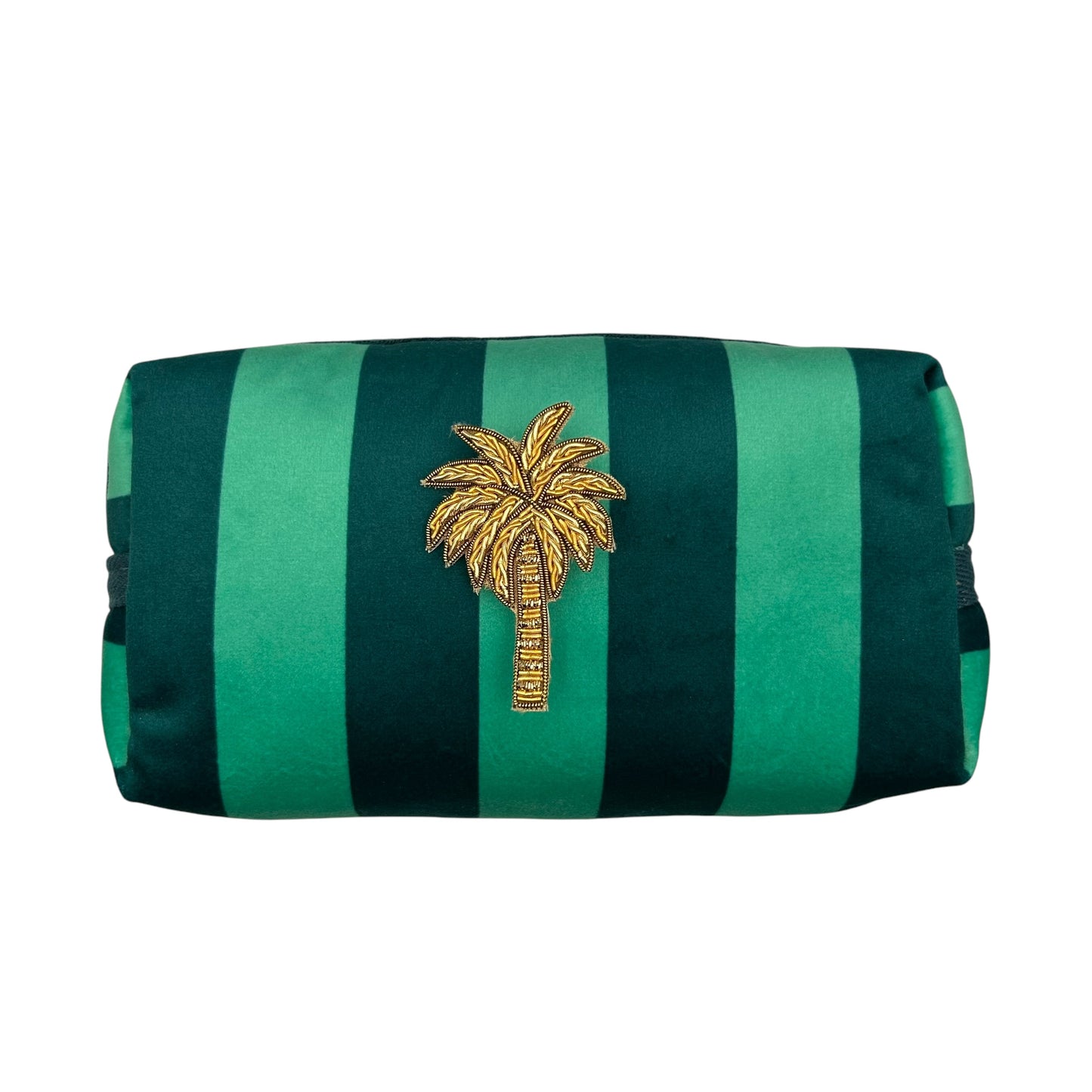 Teal stripe makeup bag with Palm Tree brooch (two sizes)