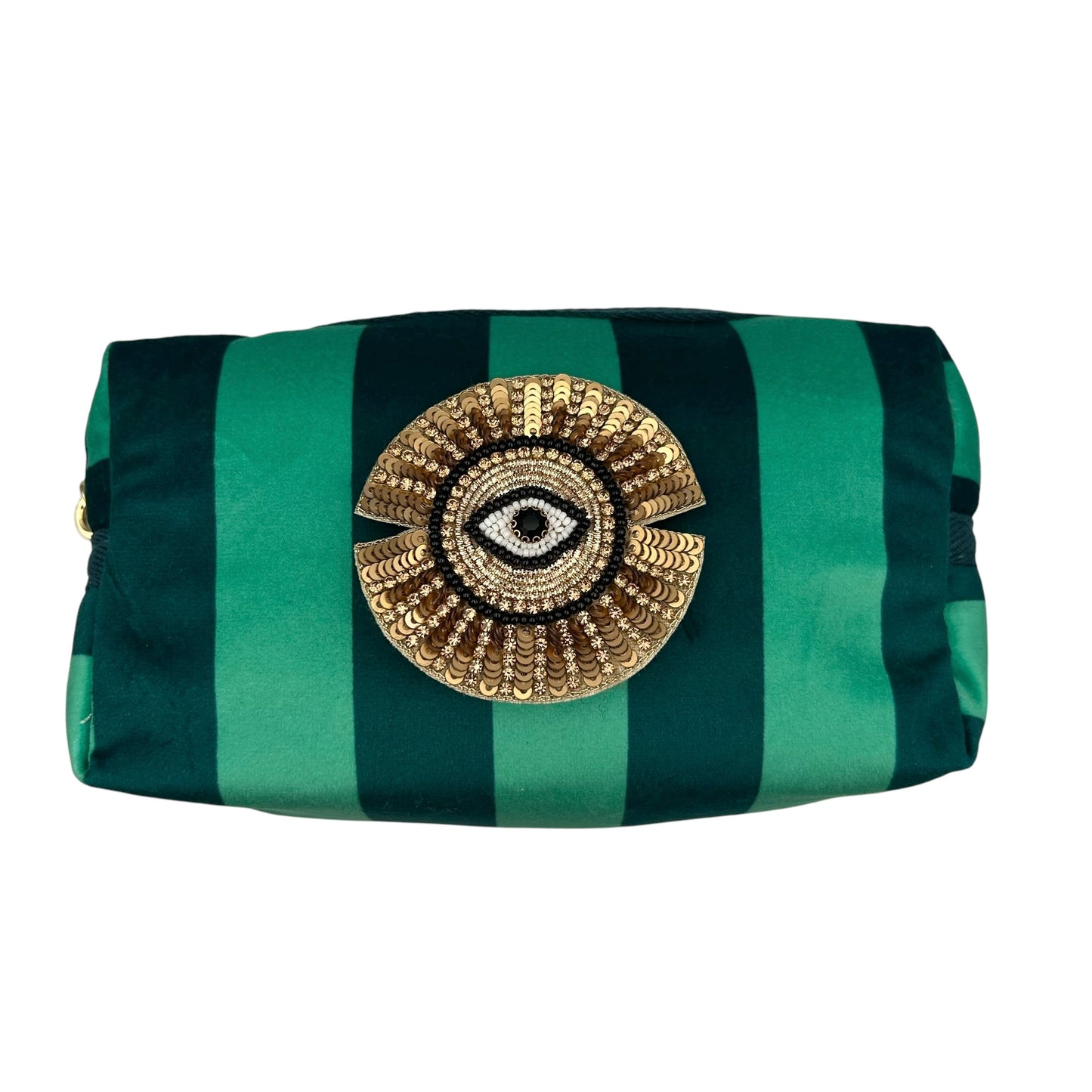 Teal stripe makeup bag with Sunray Eye brooch (two sizes)