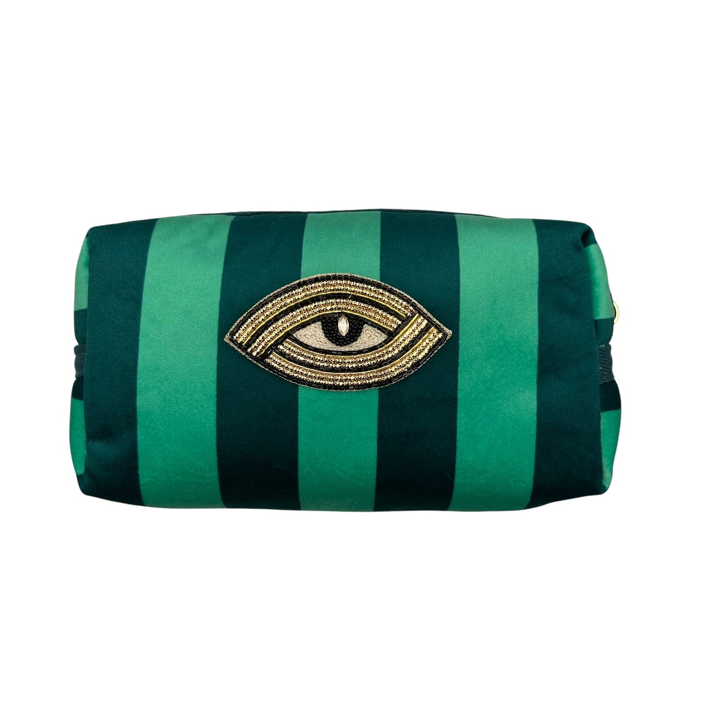 Teal stripe makeup bag with Linear Eye brooch (two sizes)