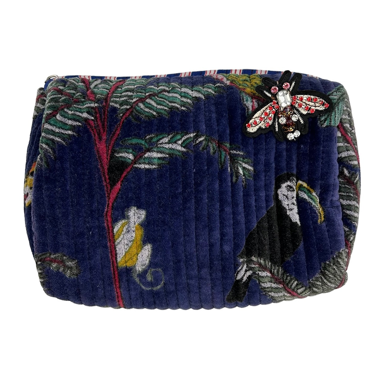 Madagascar velvet make-up bag in blue with embroidered brooch, large and small