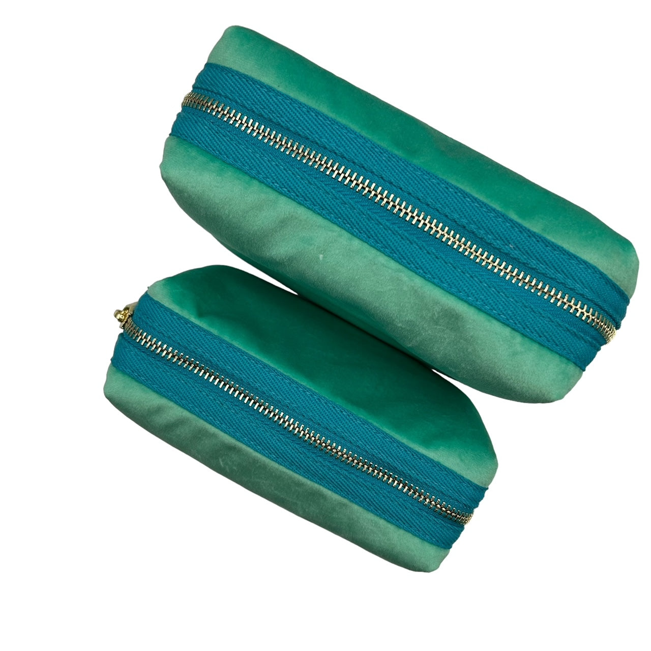Marine make-up bag & mint shell brooch - recycled velvet, large and small