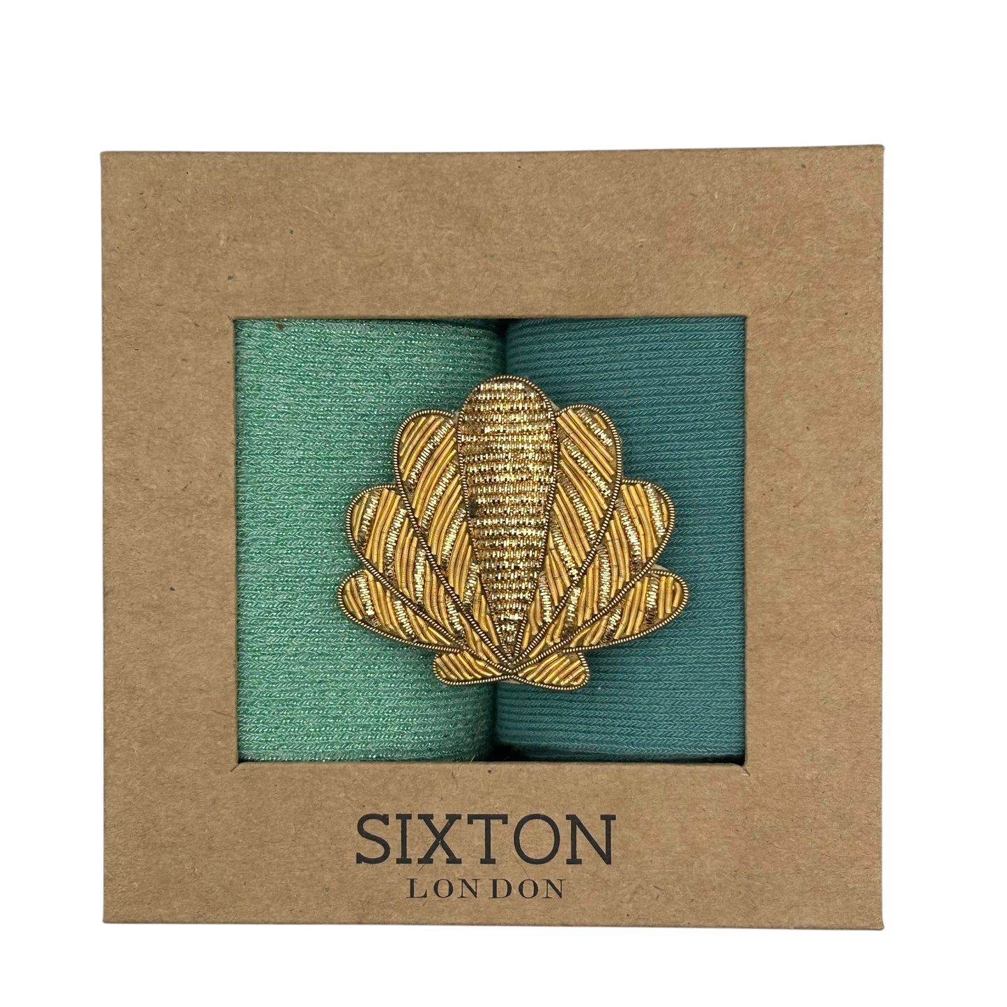 Mint Vegas & Ice Blue Sienna sock box duo with embroidered brooch