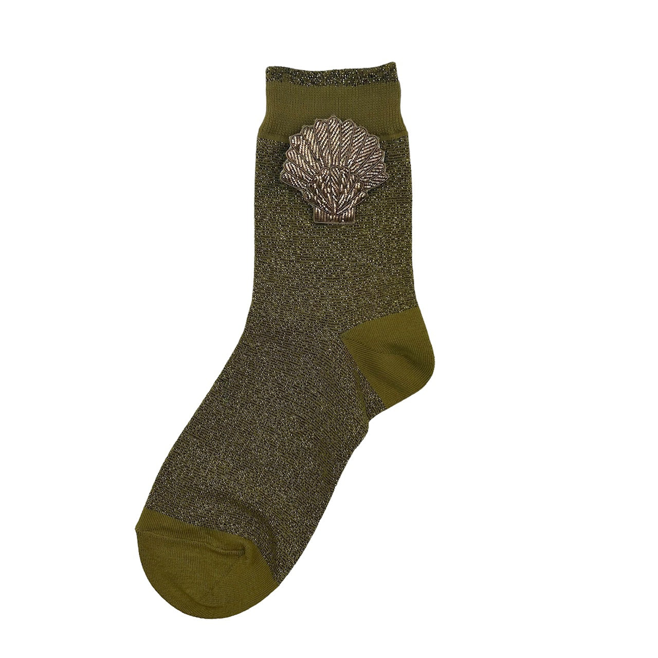 Tokyo socks in olive with a shell brooch