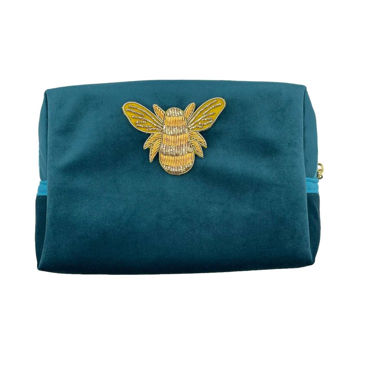 Teal make-up bag & gold bee pin - recycled velvet