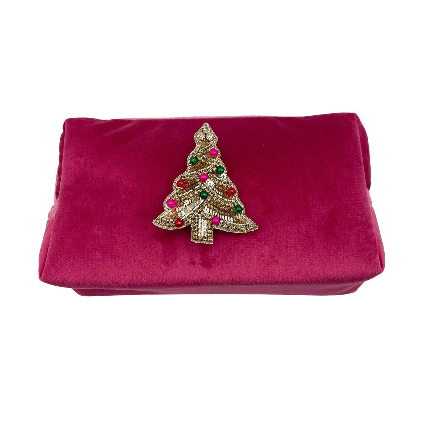 Bright pink make-up bag and a kitsch tree pin - recycled velvet