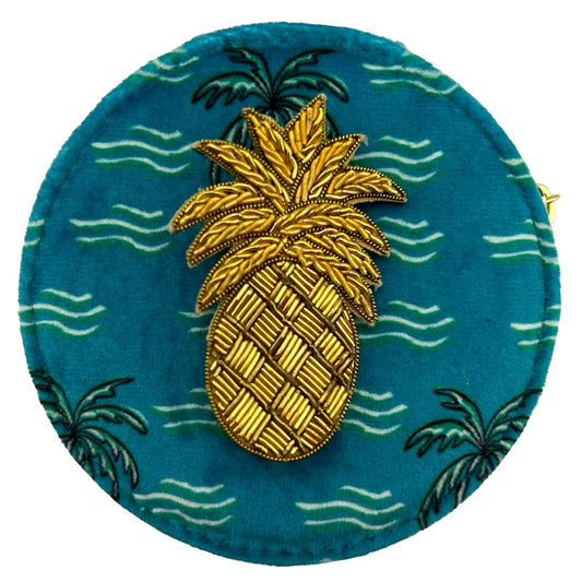 Jewellery travel pot in teal palm print with a pineapple brooch