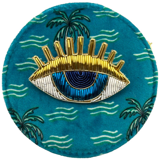 Jewellery travel pot in teal palm print with gold lashes brooch