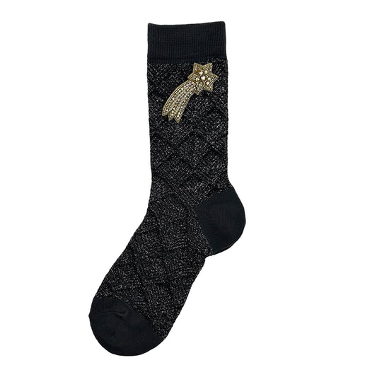 Paris socks in black with a shooting star brooch