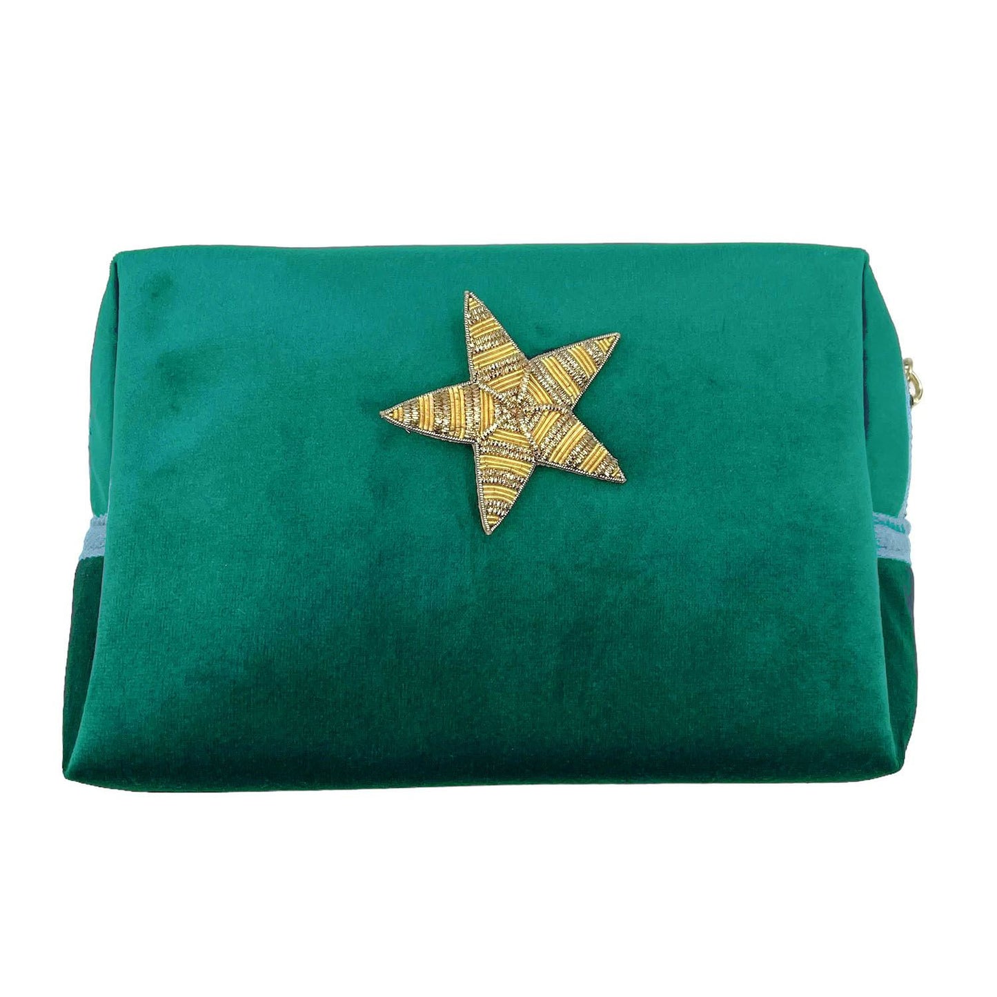 Green make-up bag & gold star pin - recycled velvet