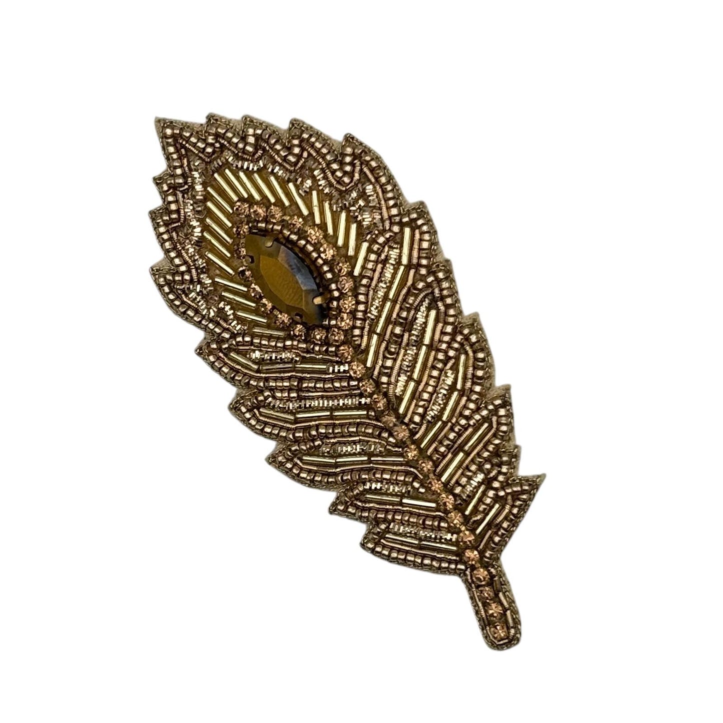 Gold Peacock Feather embroidered brooch / pin