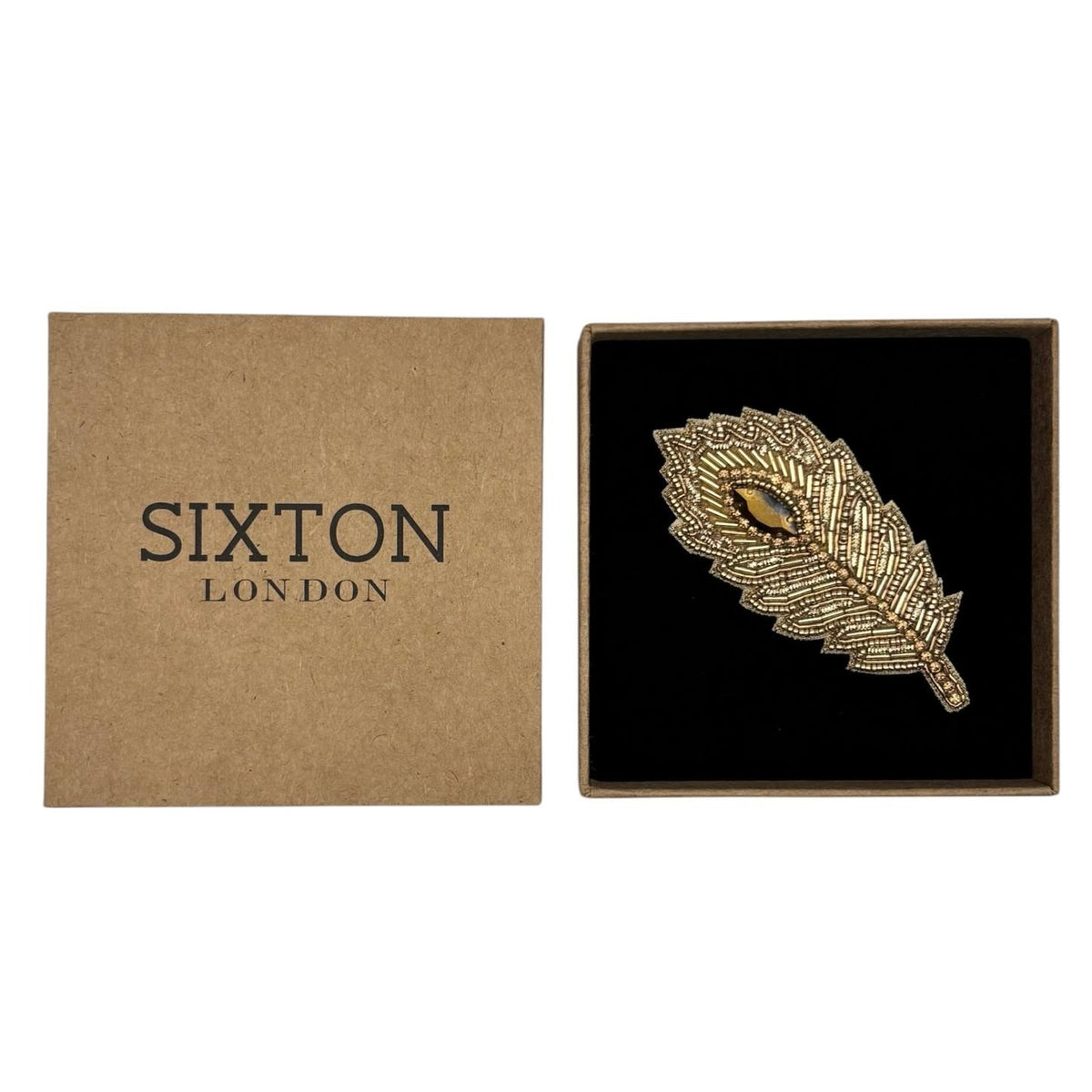 Gold Peacock Feather embroidered brooch / pin