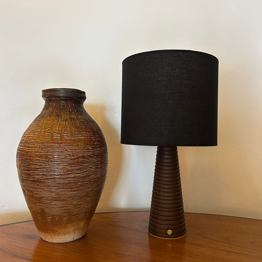 Ribbed Walnut style rechargeable touch lamp with black shade
