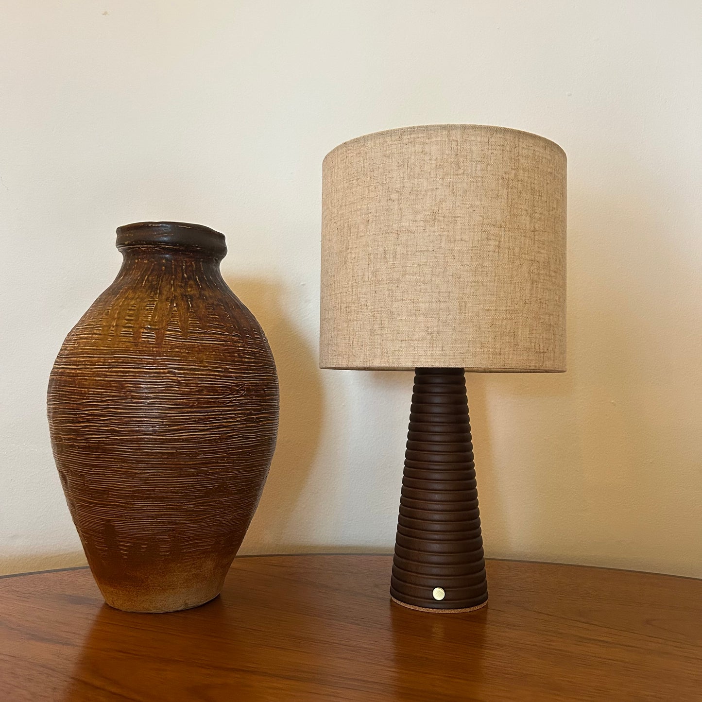 Ribbed Walnut style rechargeable touch lamp with cream shade