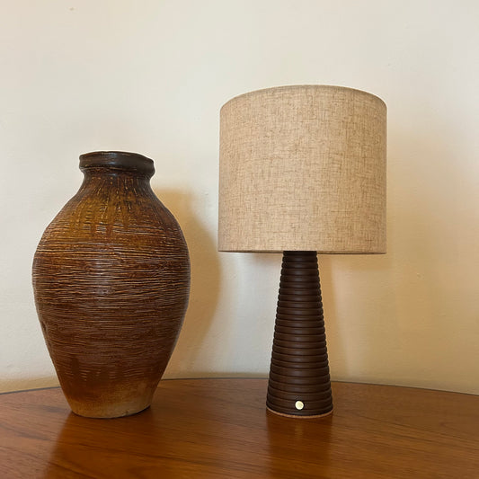Ribbed Walnut style rechargeable touch lamp with cream shade
