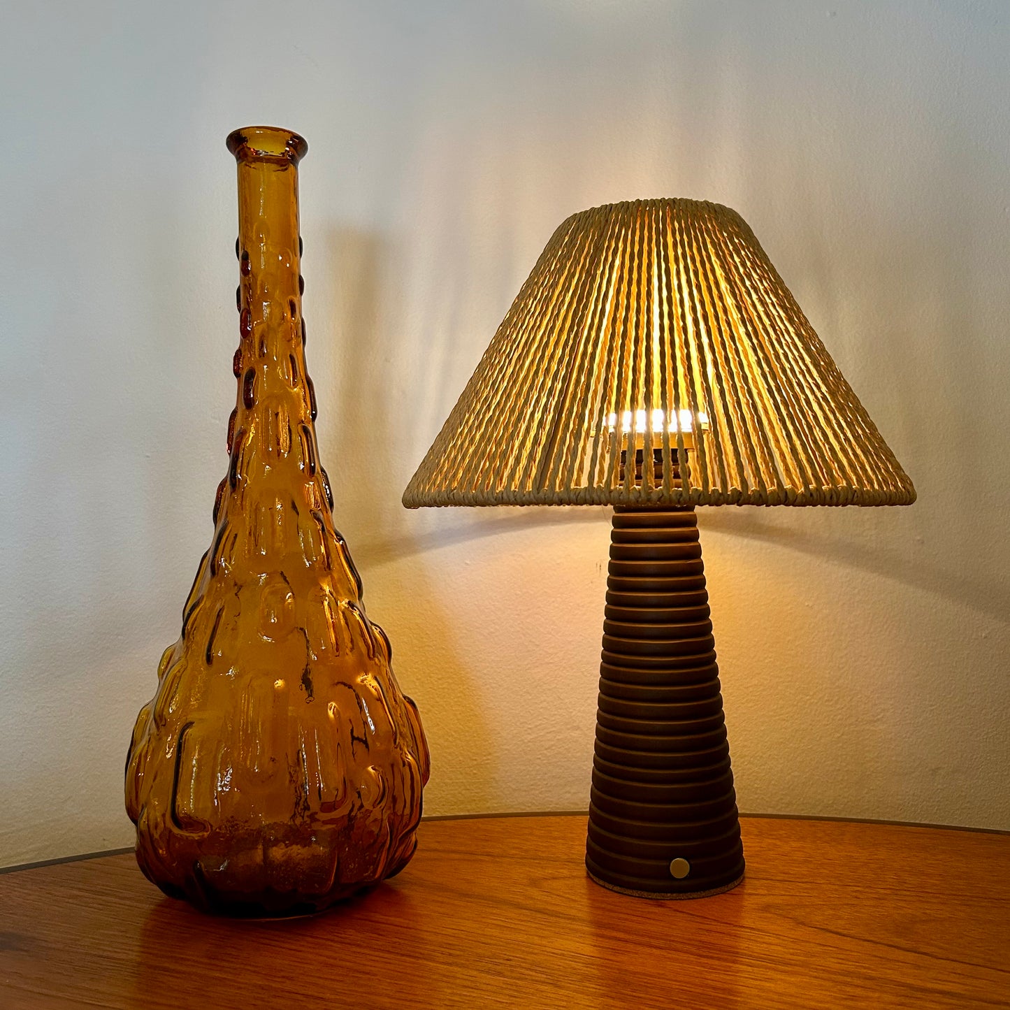 Ribbed Walnut style rechargeable touch lamp with rope shade