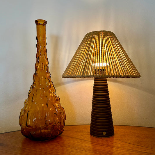 Ribbed Walnut style rechargeable touch lamp with rope shade