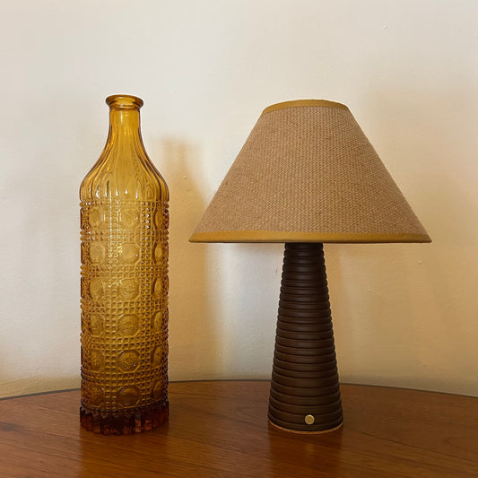 Ribbed Walnut style rechargeable touch lamp with hessian shade
