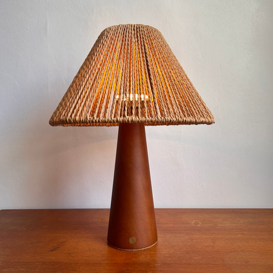 Smooth Teak style rechargeable touch lamp with rope shade