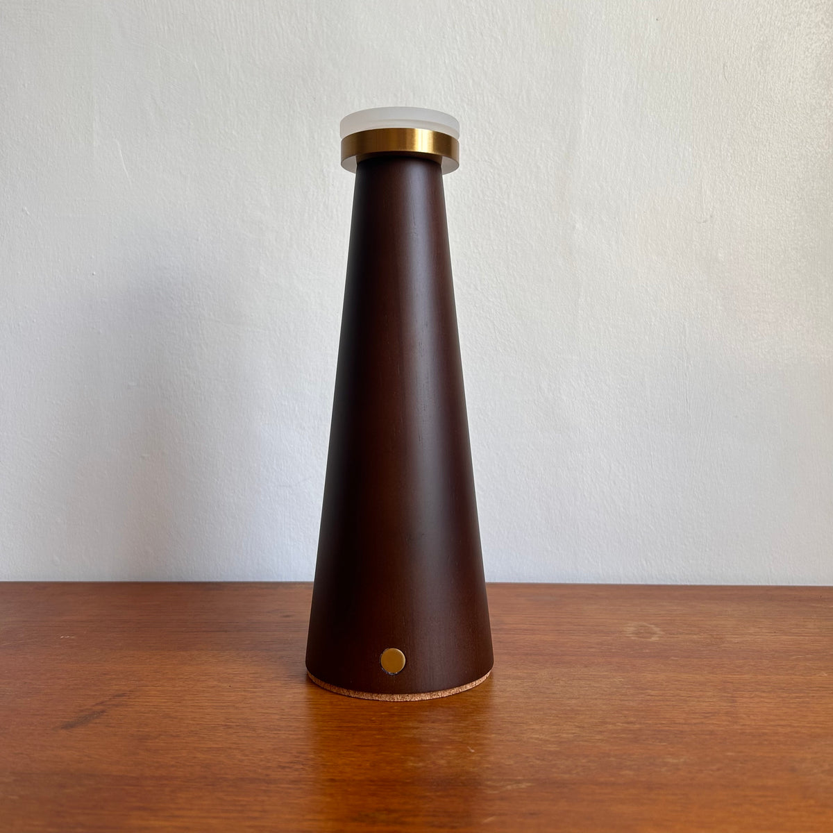 Smooth Walnut style rechargeable touch lamp with small rope drum shade