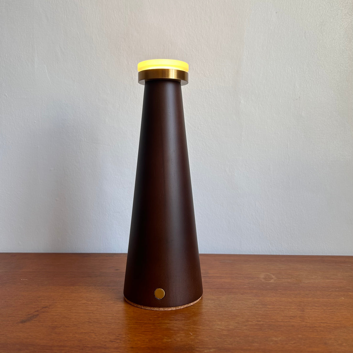 Smooth Walnut style rechargeable touch lamp with rope shade