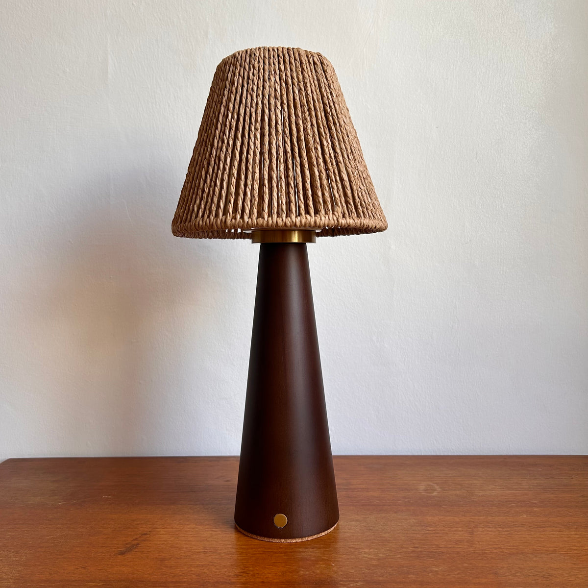 Smooth Walnut style rechargeable touch lamp with small rope cone shade