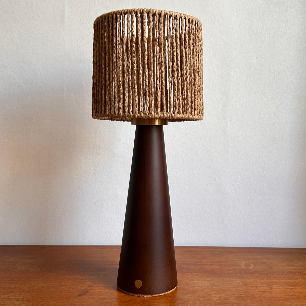 Smooth Walnut style rechargeable touch lamp with small rope drum shade