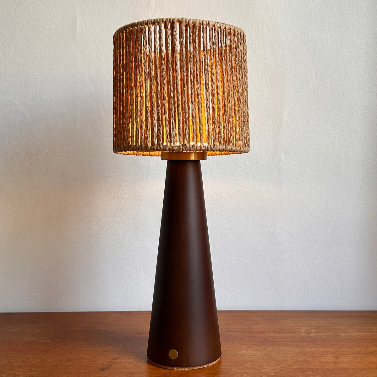 Smooth Walnut style rechargeable touch lamp with small rope drum shade