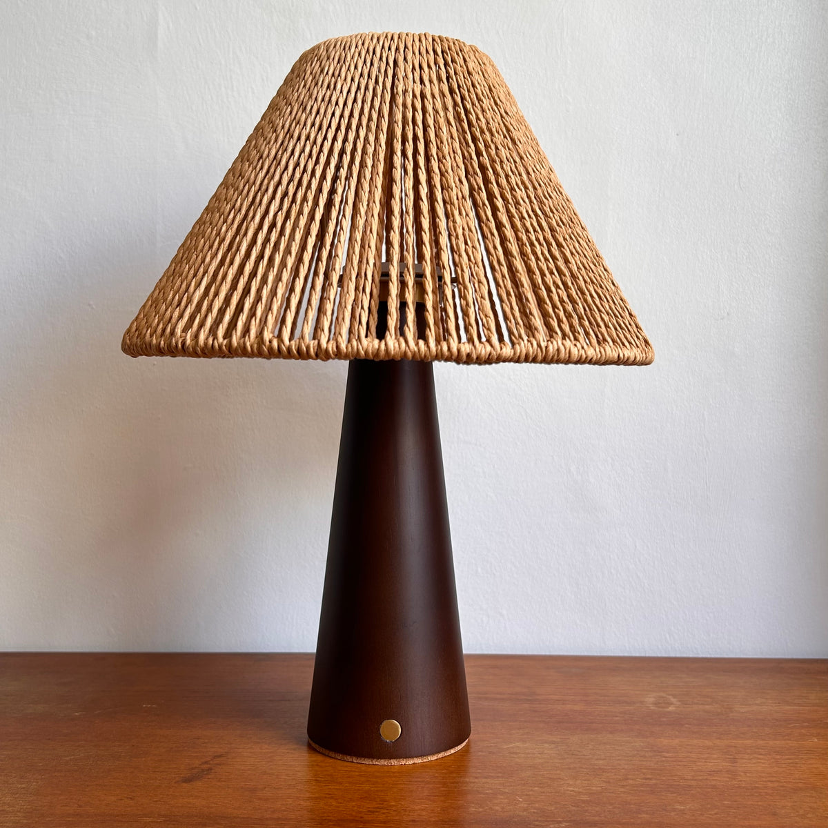 Smooth Walnut style rechargeable touch lamp with rope shade