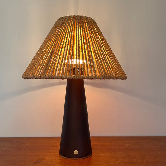 Smooth Walnut style rechargeable touch lamp with rope shade