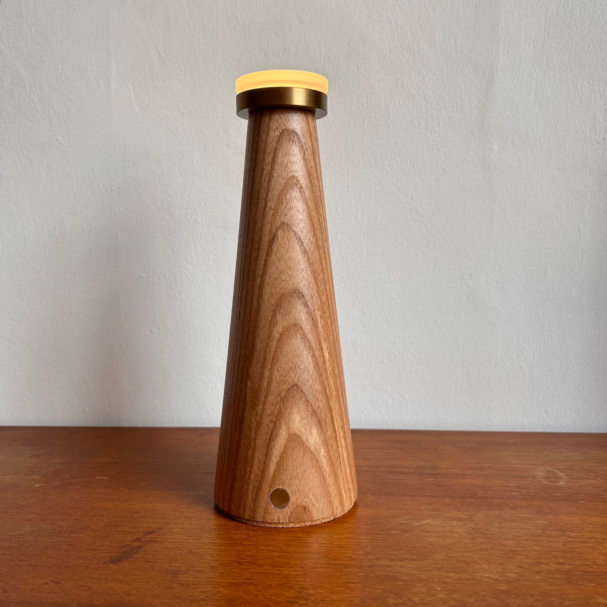 Smooth Beech style rechargeable touch lamp with small rope cone shade
