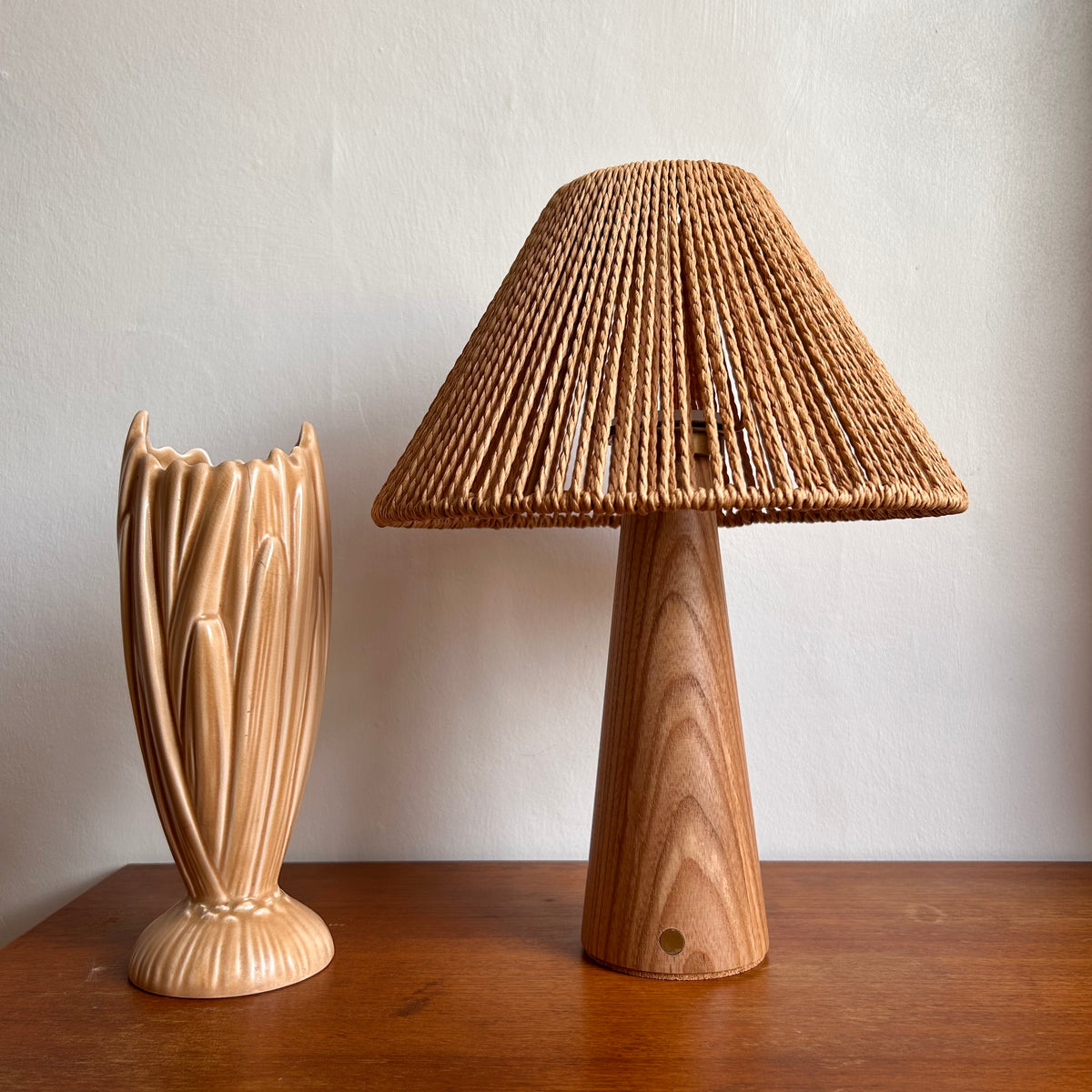 Smooth Beech style rechargeable touch lamp with rope shade