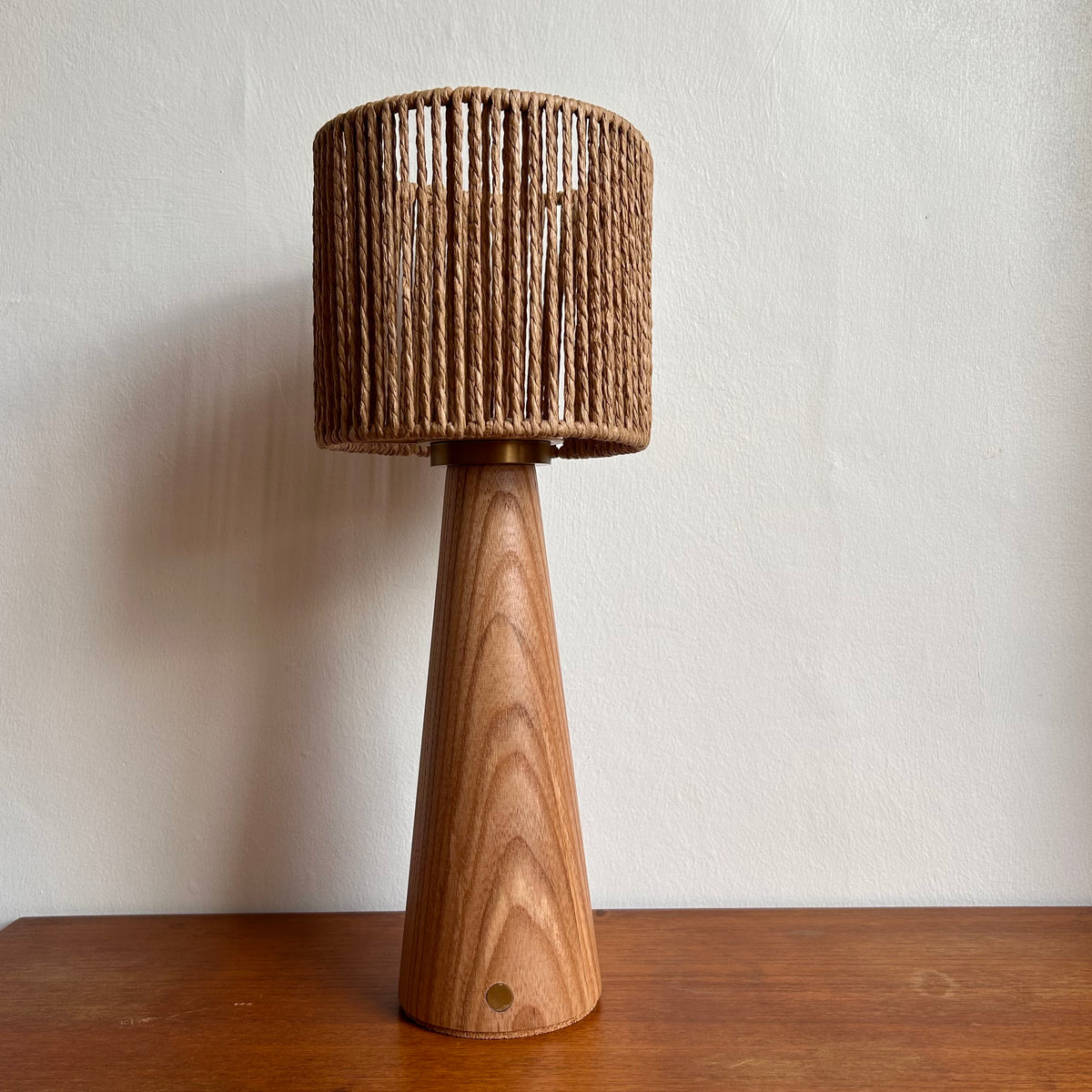 Smooth Beech style rechargeable touch lamp with small rope drum shade