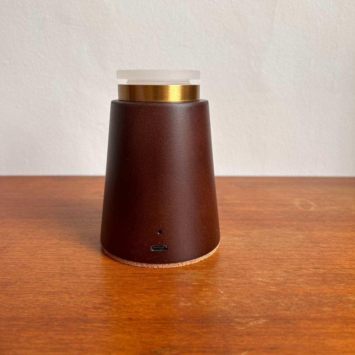 Small Smooth Walnut rechargeable touch lamp with cone rope shade