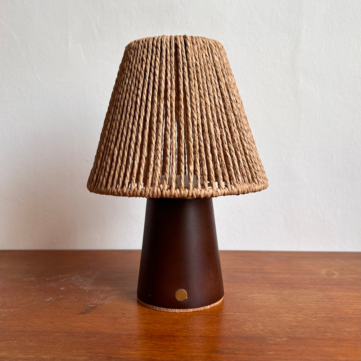 Small Smooth Walnut rechargeable touch lamp with cone rope shade