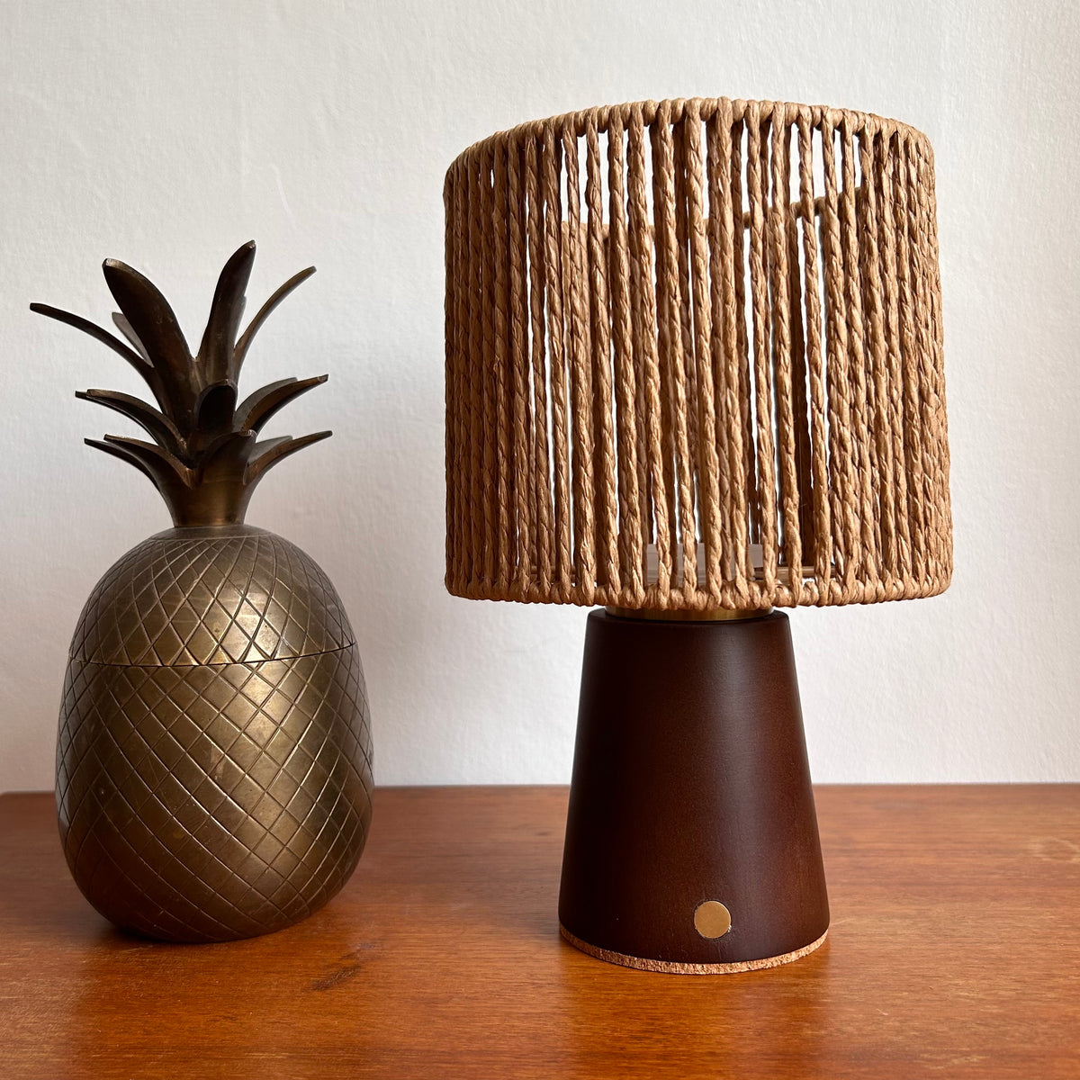 Small Smooth Walnut rechargeable touch lamp with Drum Rope shade
