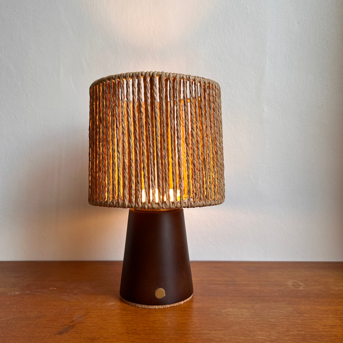 Small Smooth Walnut rechargeable touch lamp with Drum Rope shade