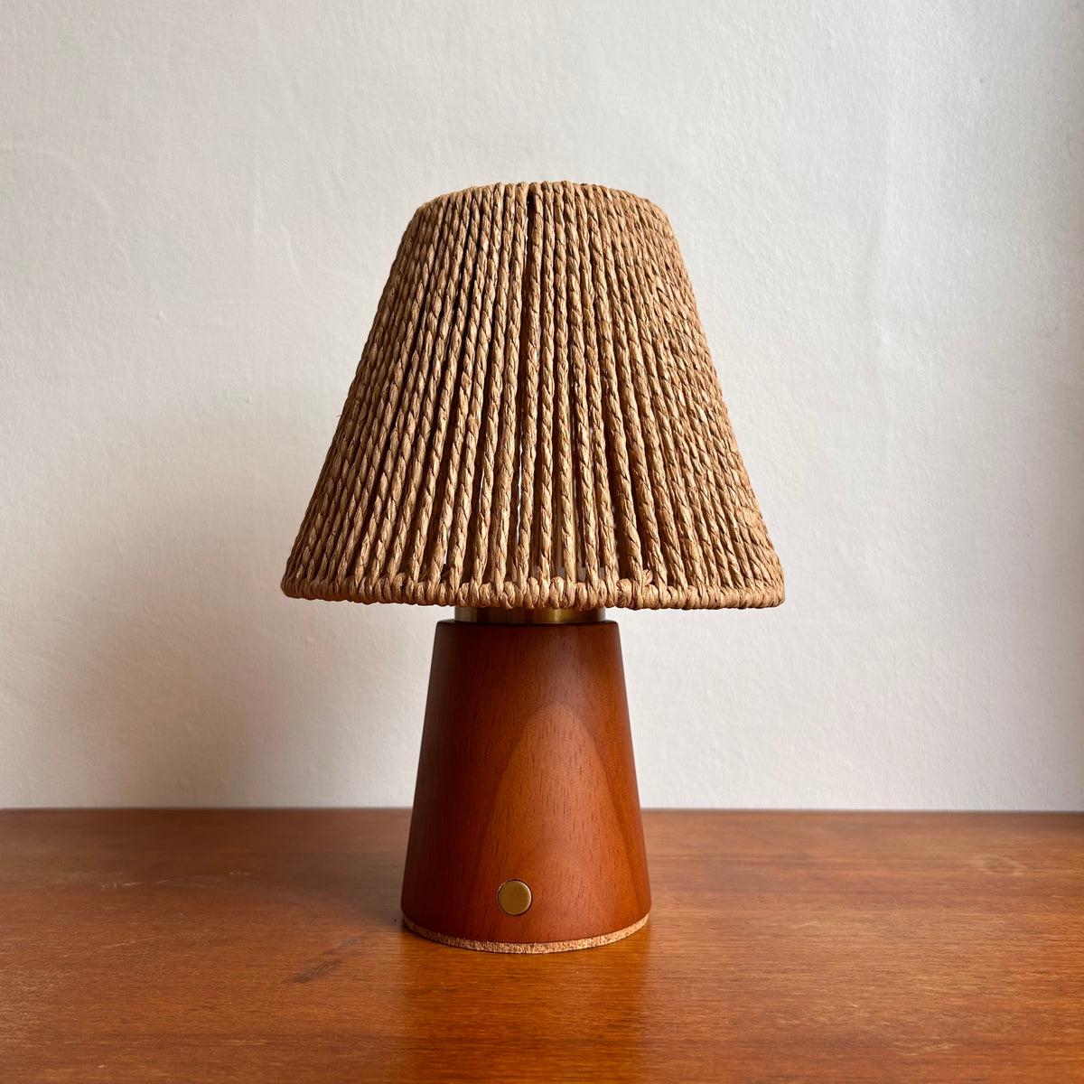 Small Smooth Teak rechargeable touch lamp with cone rope shade