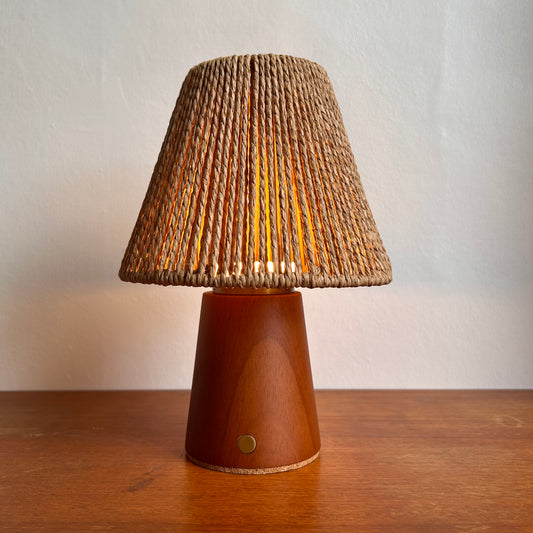 Small Smooth Teak rechargeable touch lamp with cone rope shade
