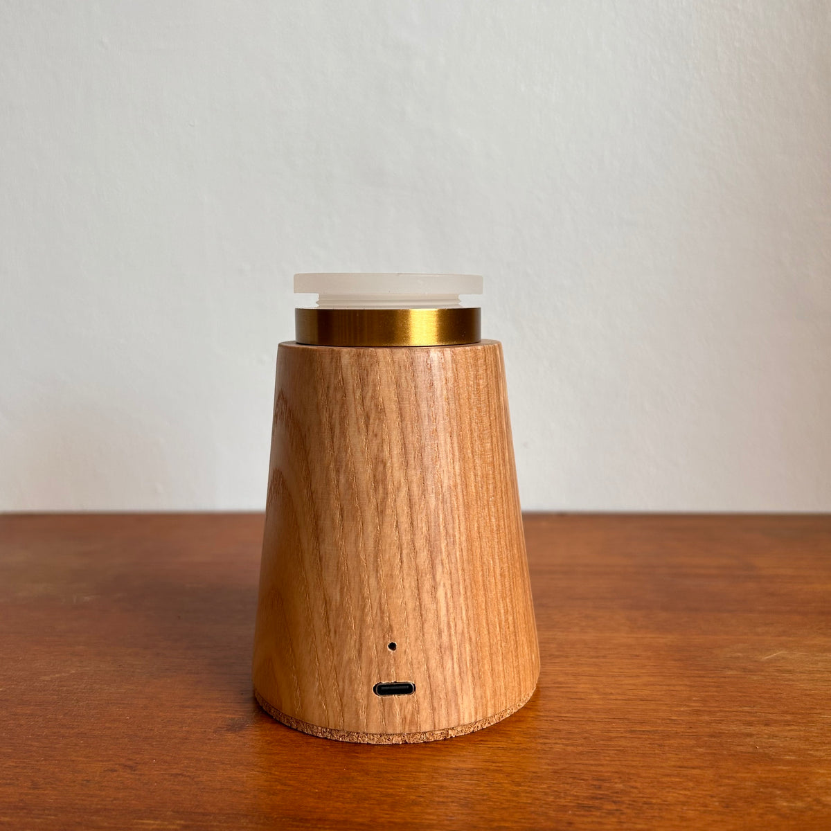Small Smooth Beech rechargeable touch lamp with cone rope shade