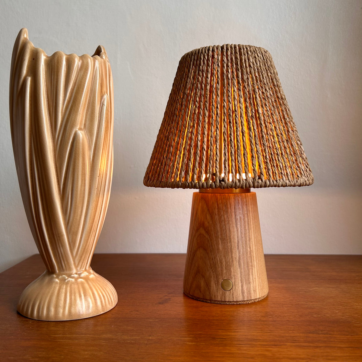 Small Smooth Beech rechargeable touch lamp with cone rope shade