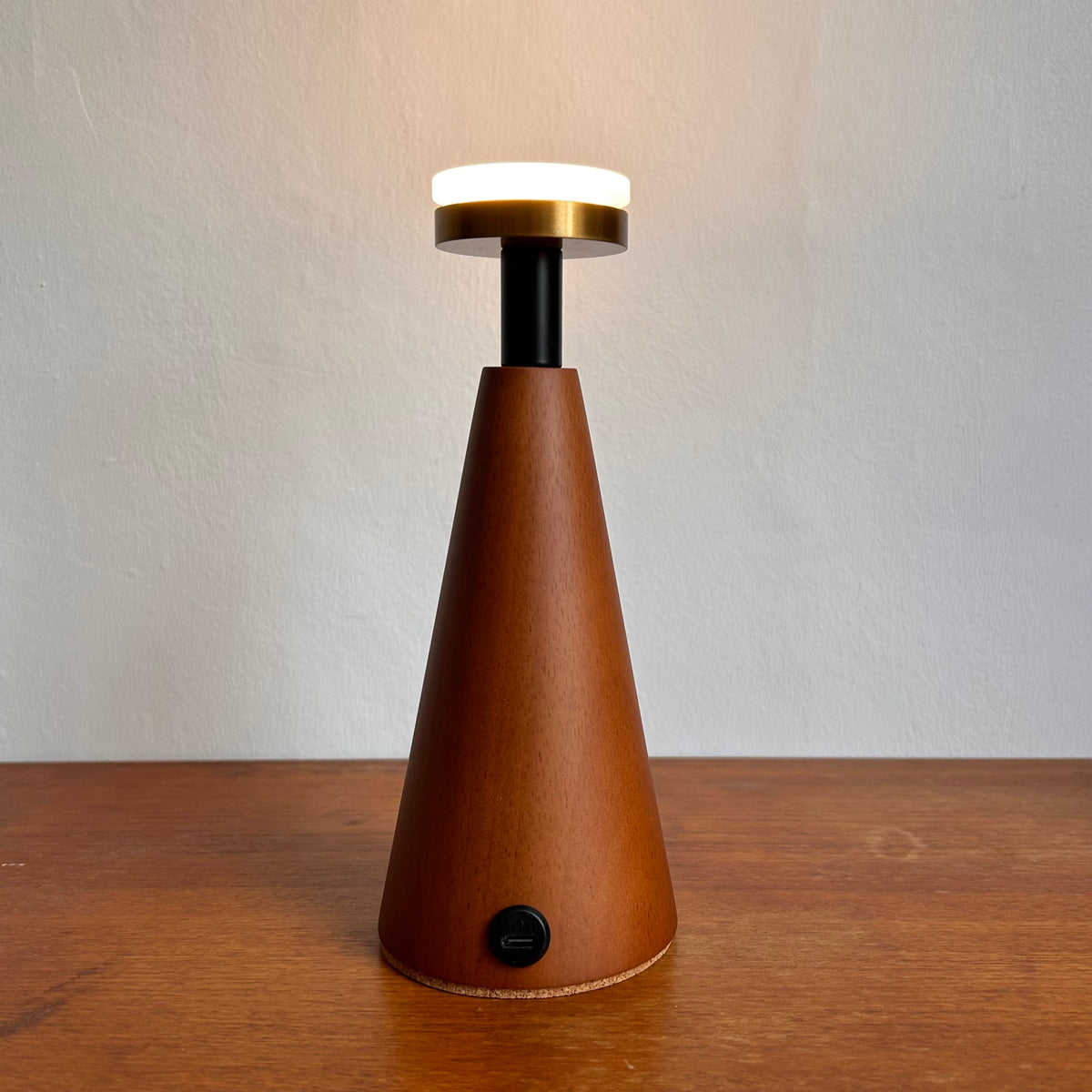 Conical Teak style rechargeable touch lamp with rope shade