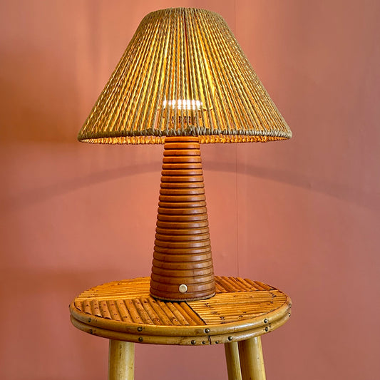 Ribbed Teak style rechargeable touch lamp with rope shade