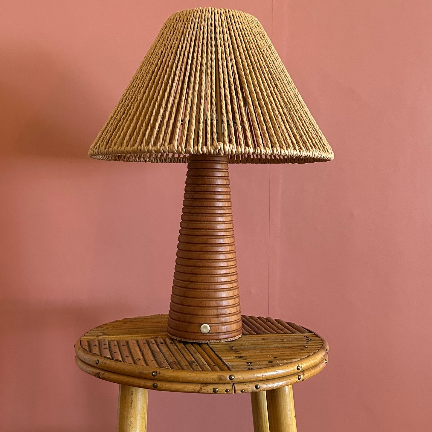 Ribbed Teak style rechargeable touch lamp with rope shade