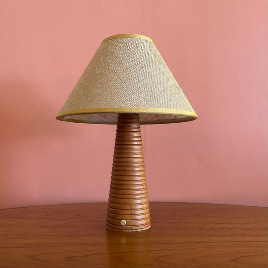 Ribbed Teak style rechargeable touch lamp with hessian shade