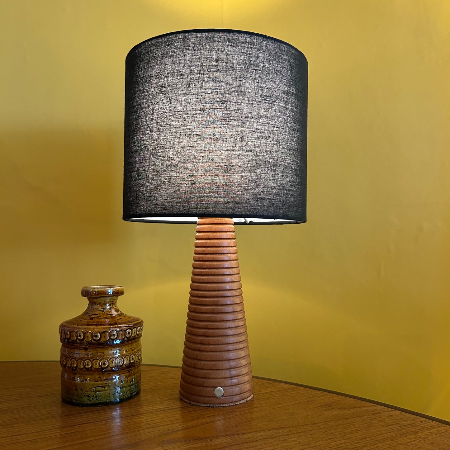 Ribbed Teak style rechargeable touch lamp with black shade