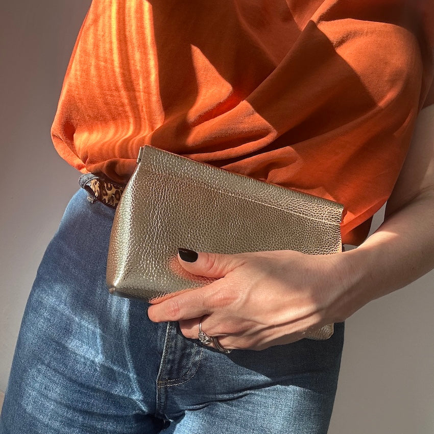 Large Gold Leather Pouch - textured metallic