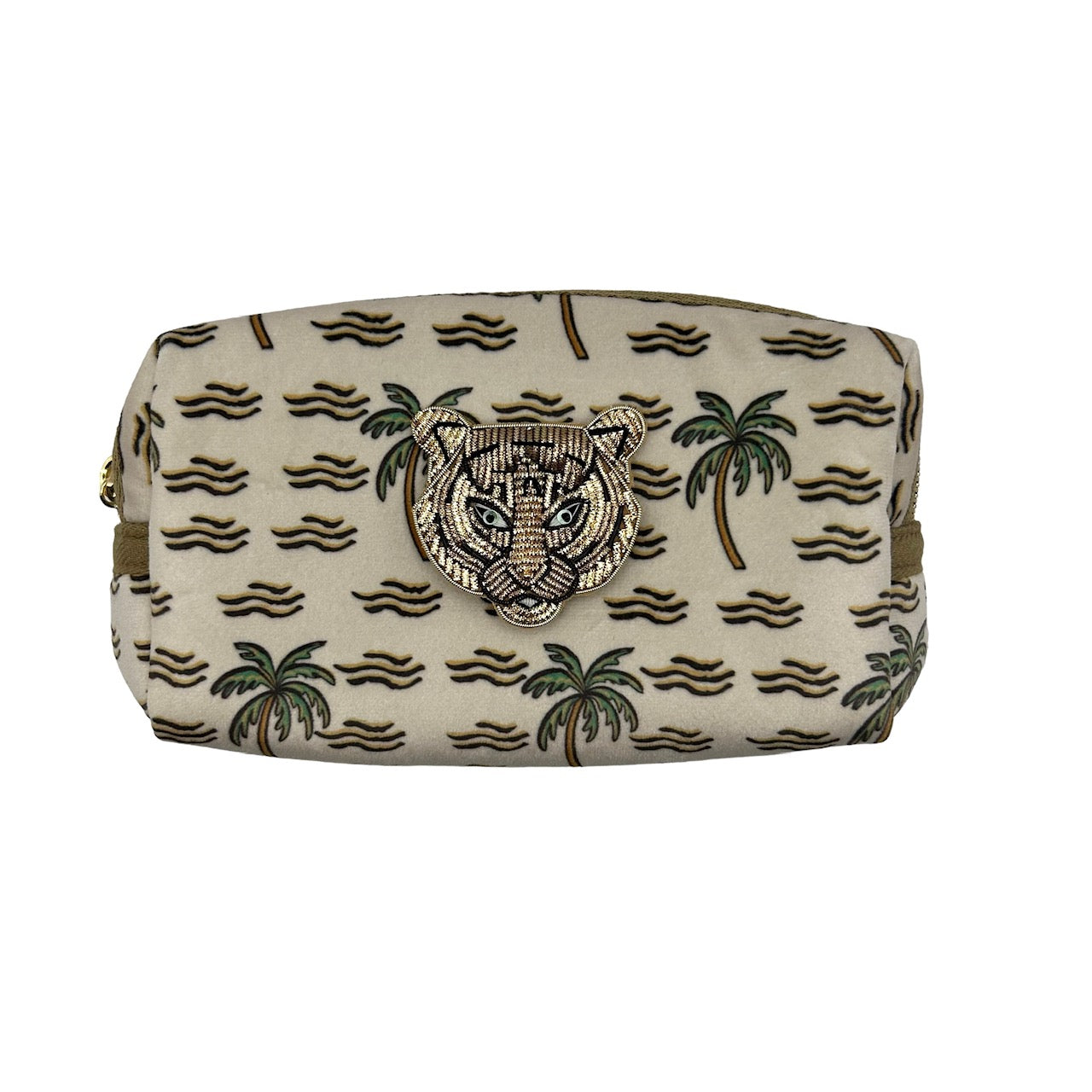 Sand palm large make-up bag & tiger brooch - recycled velvet, large and small