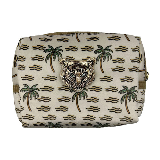 Sand palm large make-up bag & tiger brooch - recycled velvet, large and small