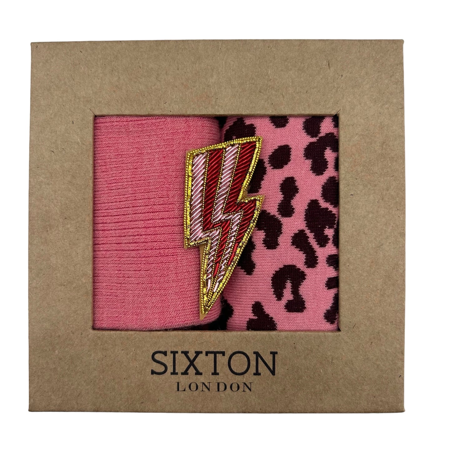 Pink Barcelona and leopard sock box duo with pin