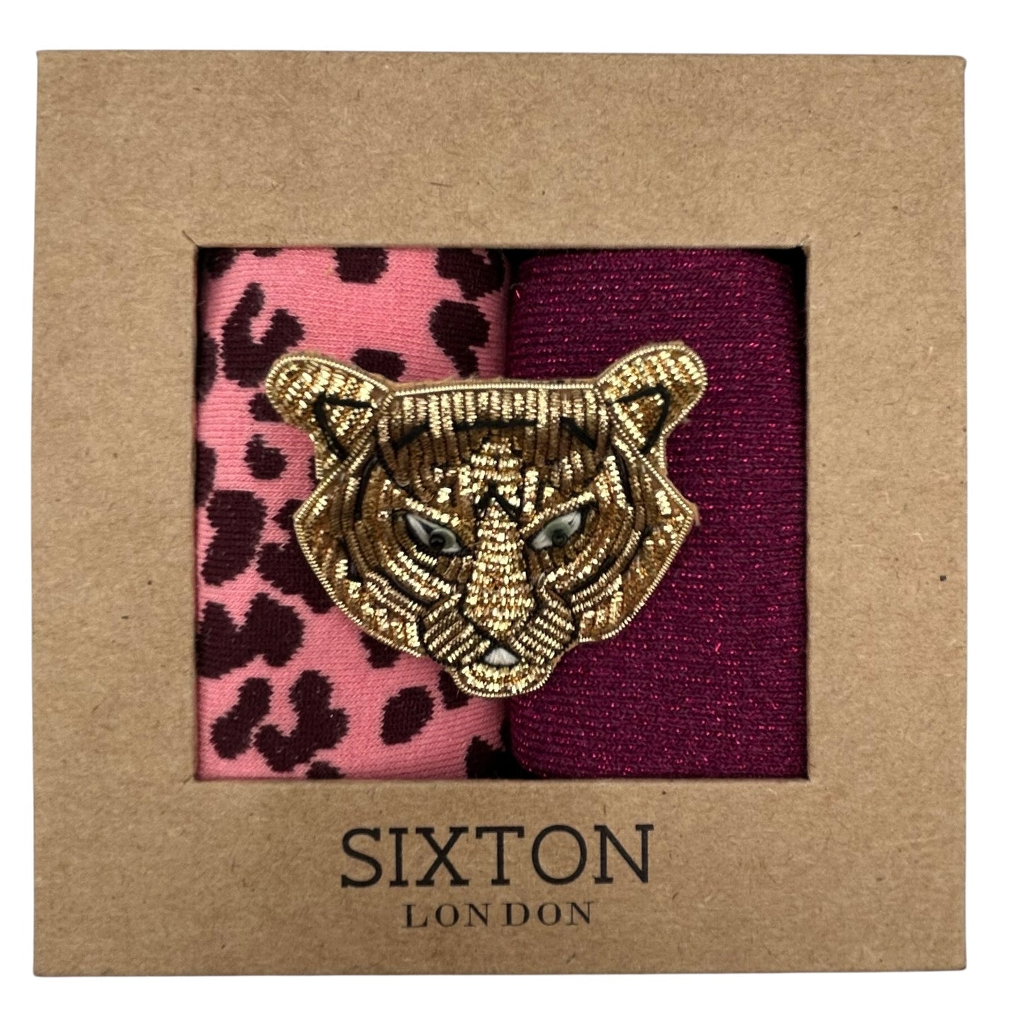 Pink Leopard & Fuchsia Vegas sock box duo with embroidered brooch